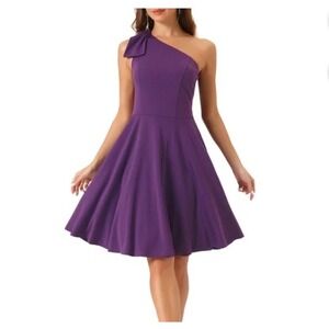 Allegra K Women Purple One Shoulder Bow Detail Fit and Flare Cocktail Dress L